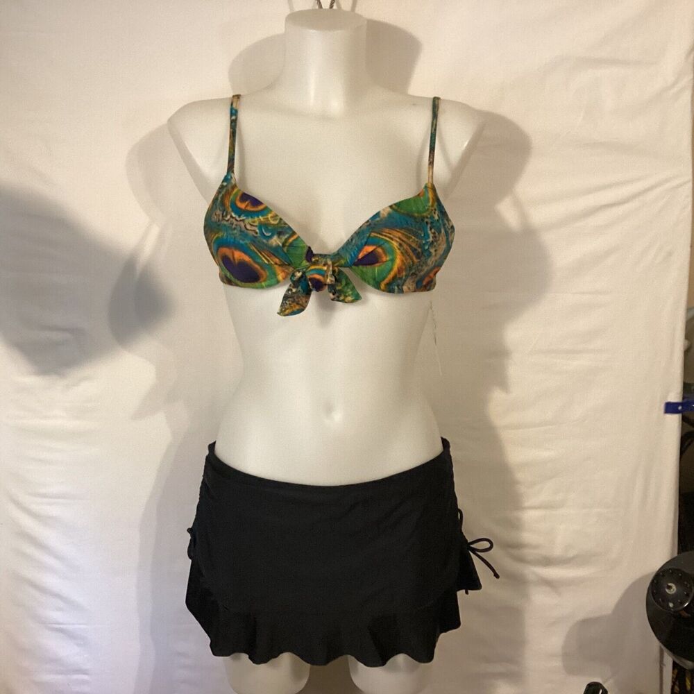 1817 NWT Bikini Bay CTBL Green Plume Push-up Top w/Black Ruffle Swim Skirt